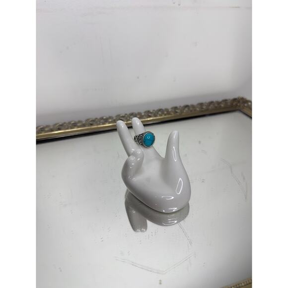 Celtic Blue Oval Faux Silver Turquoise Stone ring Size 6 - Picture 6 of 7